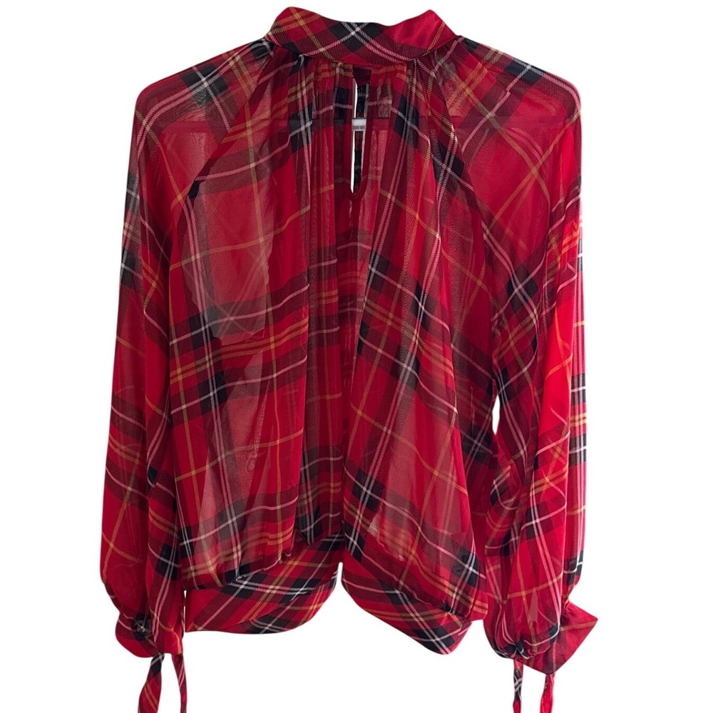 New York & Company Red Plaid Tie Sleeve Blouse Medium Sheer High Neck Top